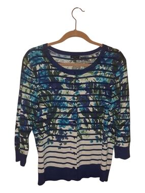 Talbots Navy and White Floral Stripe Lightweight Knit Cardigan